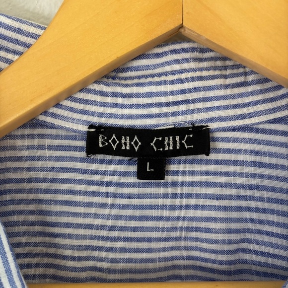 Boho Chic 100% Linen Blue White Striped Button-Back Shirt Top Size Large - Picture 2 of 10